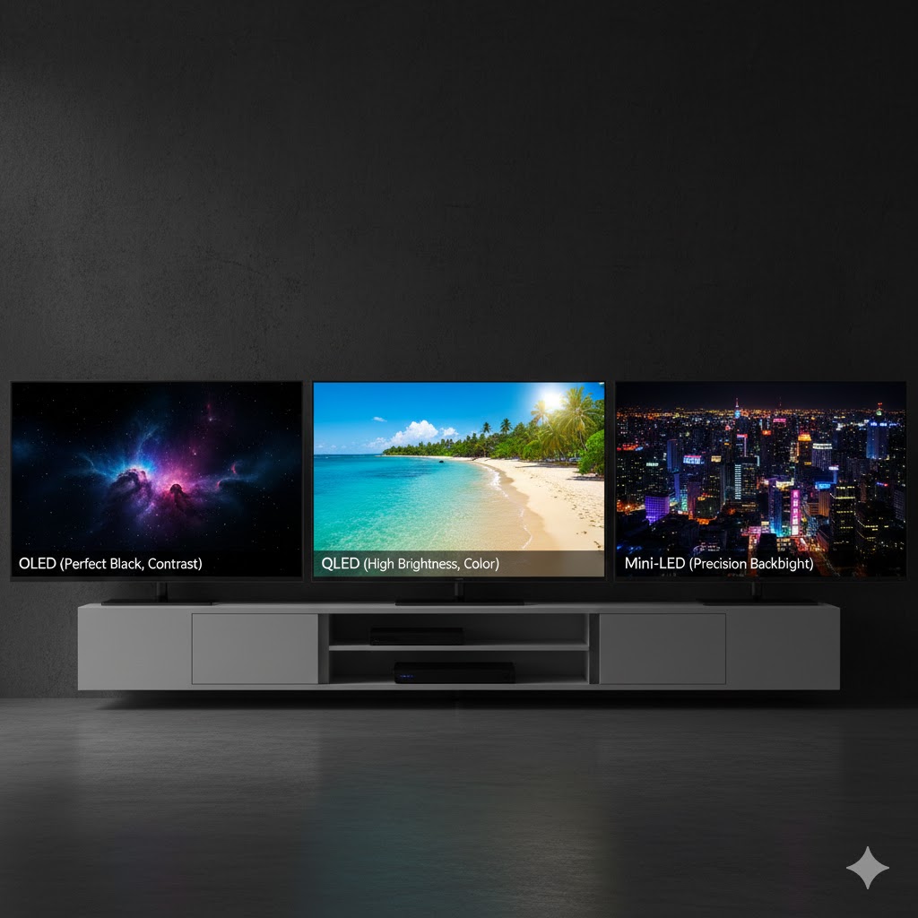 What is the difference between OLED, QLED, and Mini-LED?
